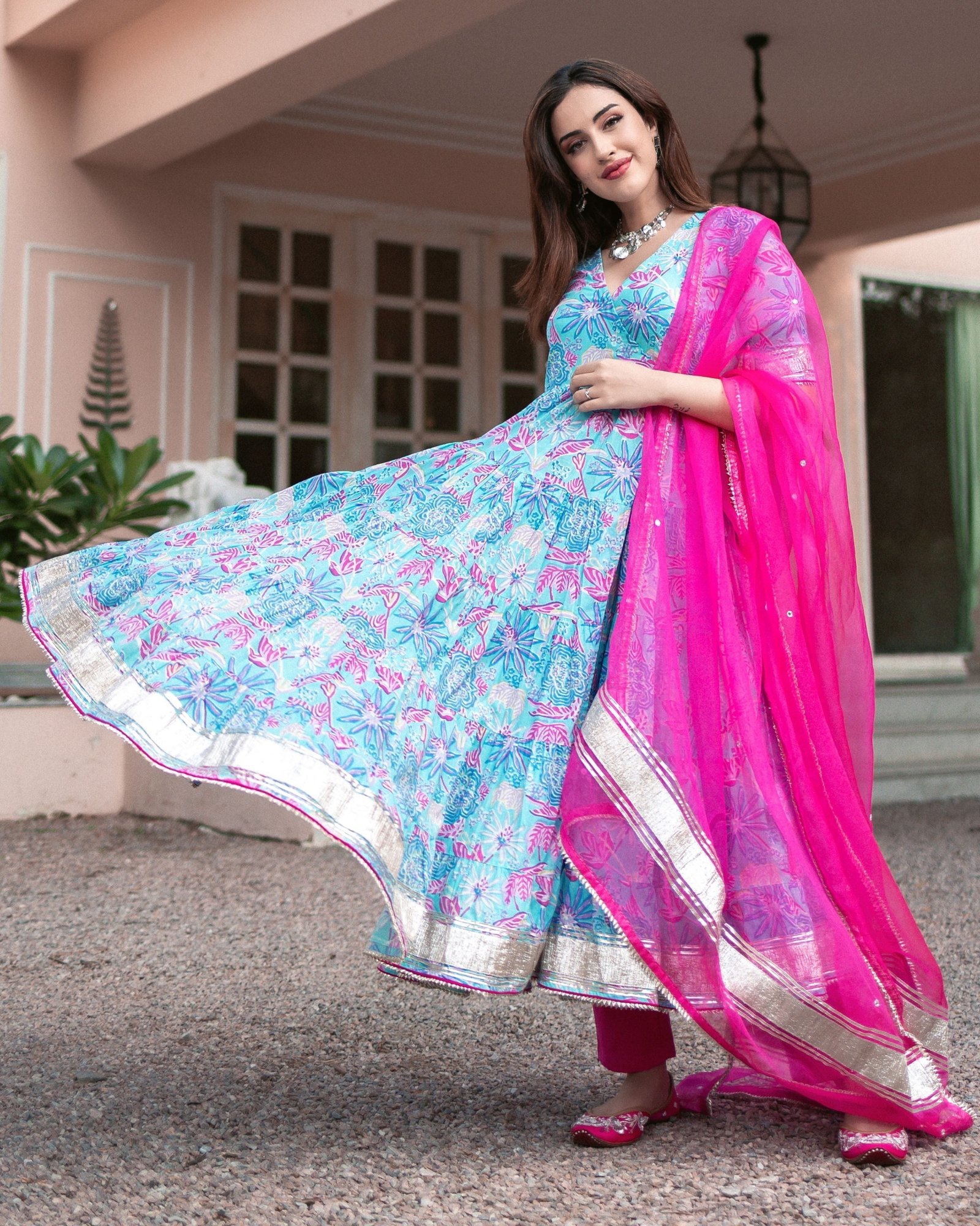 Blue Cotton Angrakha Suit Set with Gota Work and Organza Dupatta - Image 3