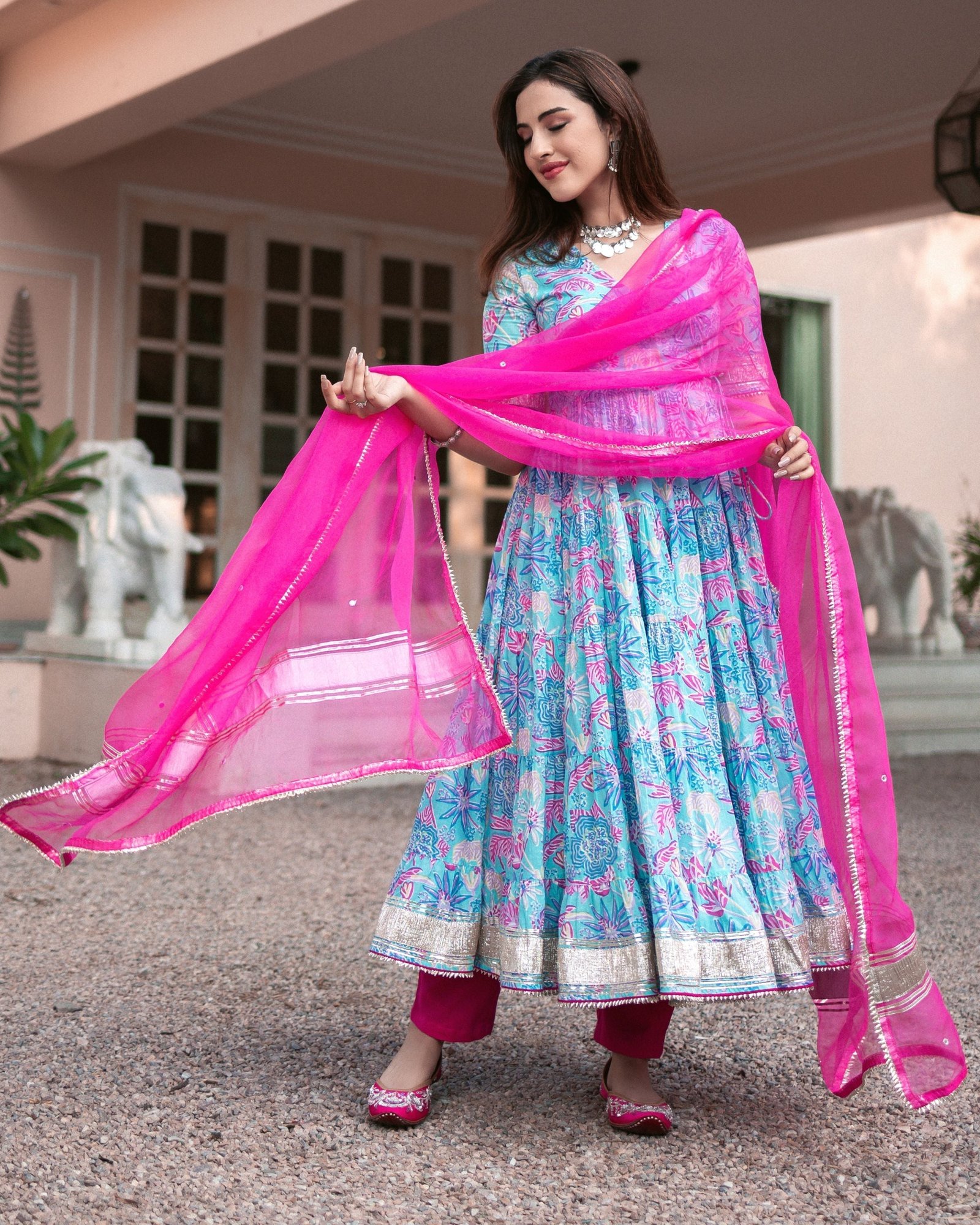 Blue Cotton Angrakha Suit Set with Gota Work and Organza Dupatta - Image 2
