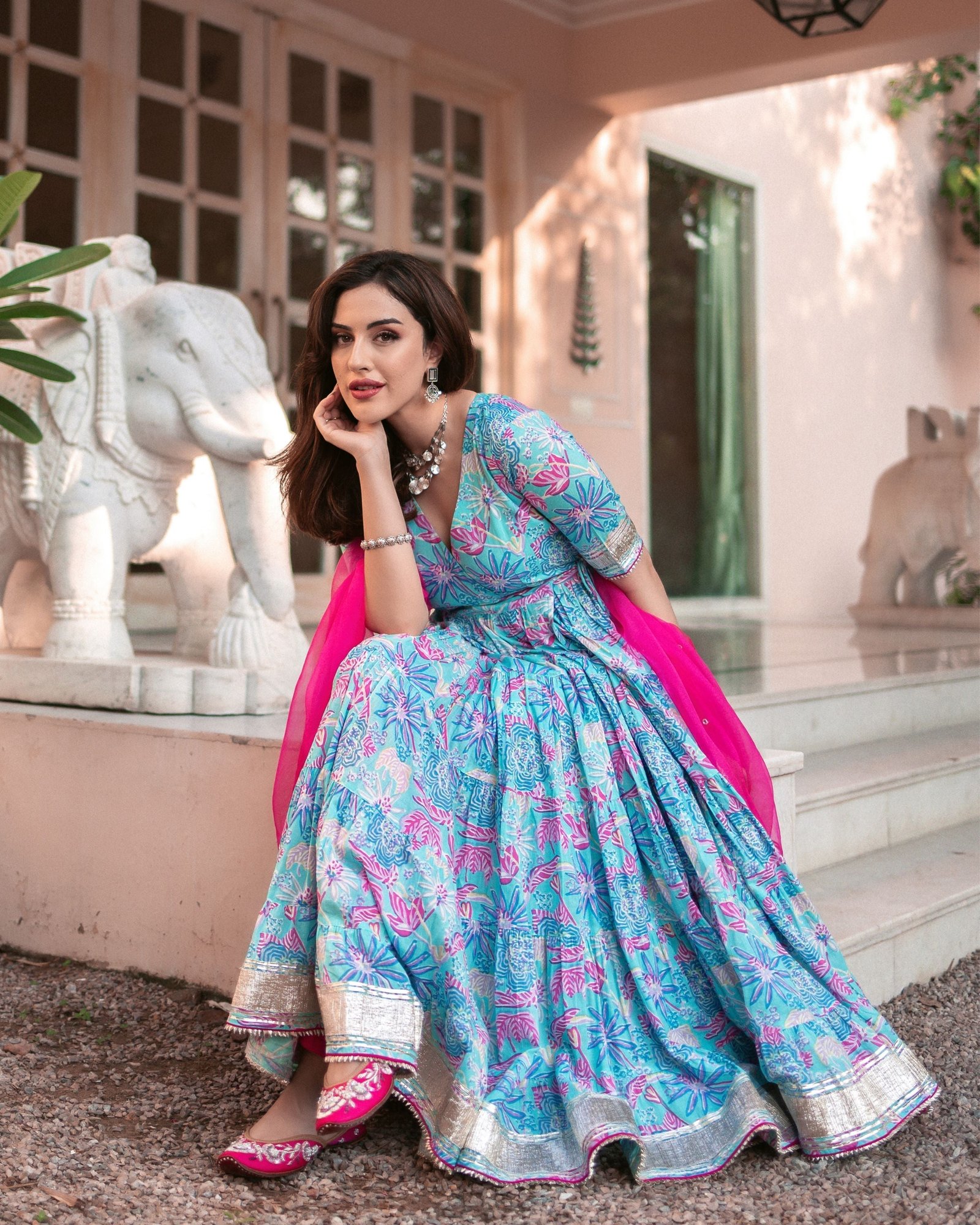 Blue Cotton Angrakha Suit Set with Gota Work and Organza Dupatta - Image 6