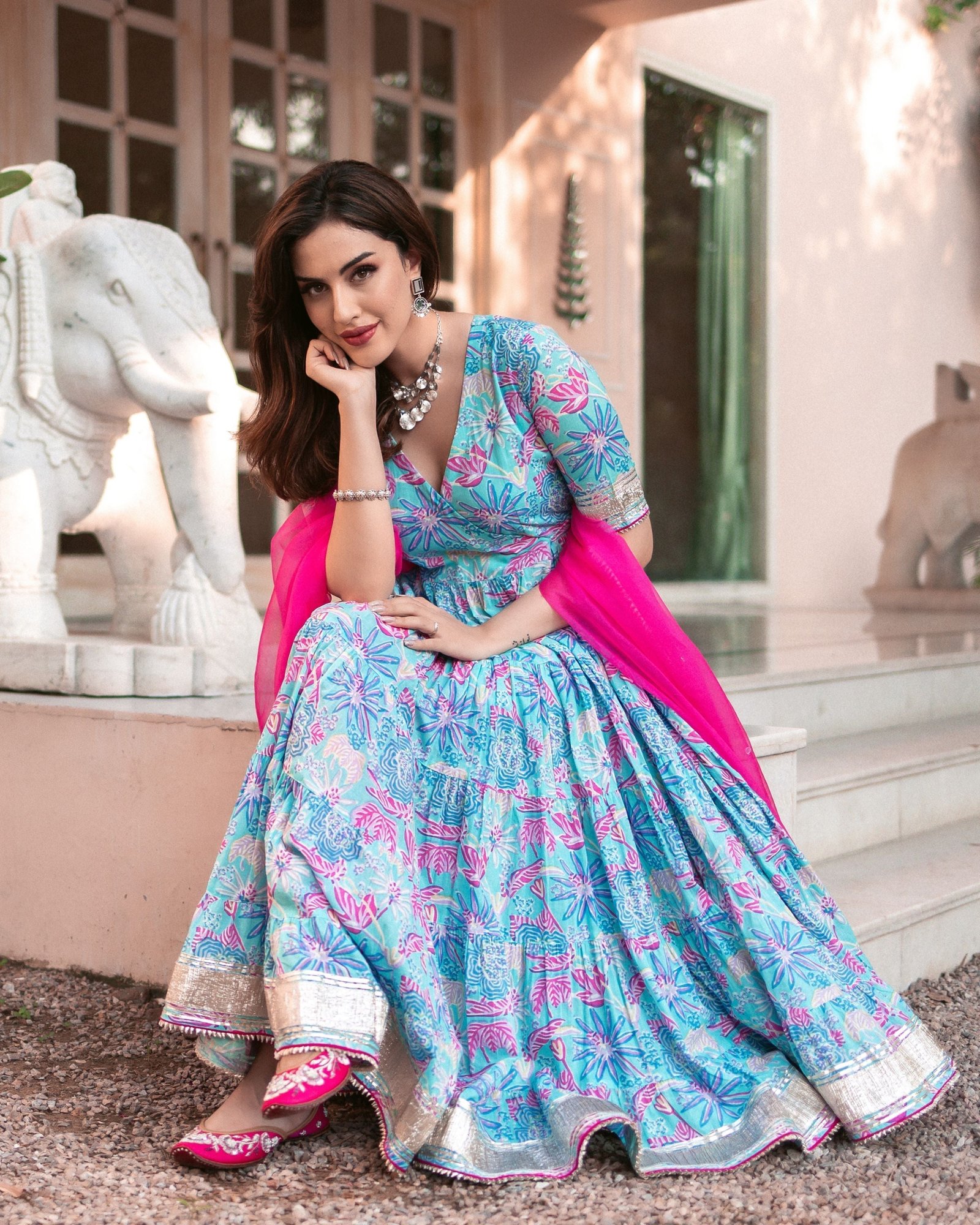 Blue Cotton Angrakha Suit Set with Gota Work and Organza Dupatta - Image 8