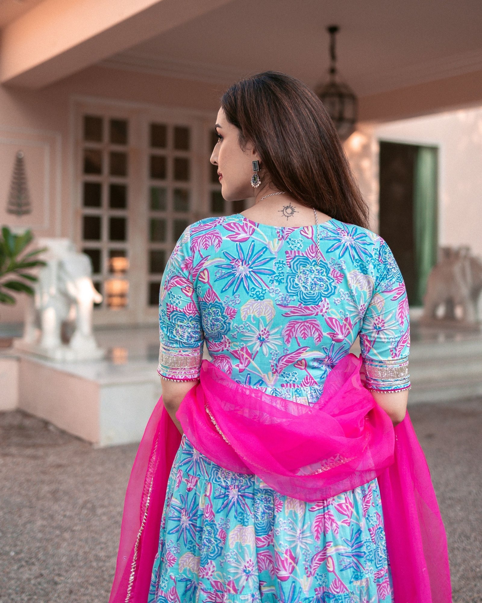 Blue Cotton Angrakha Suit Set with Gota Work and Organza Dupatta - Image 9