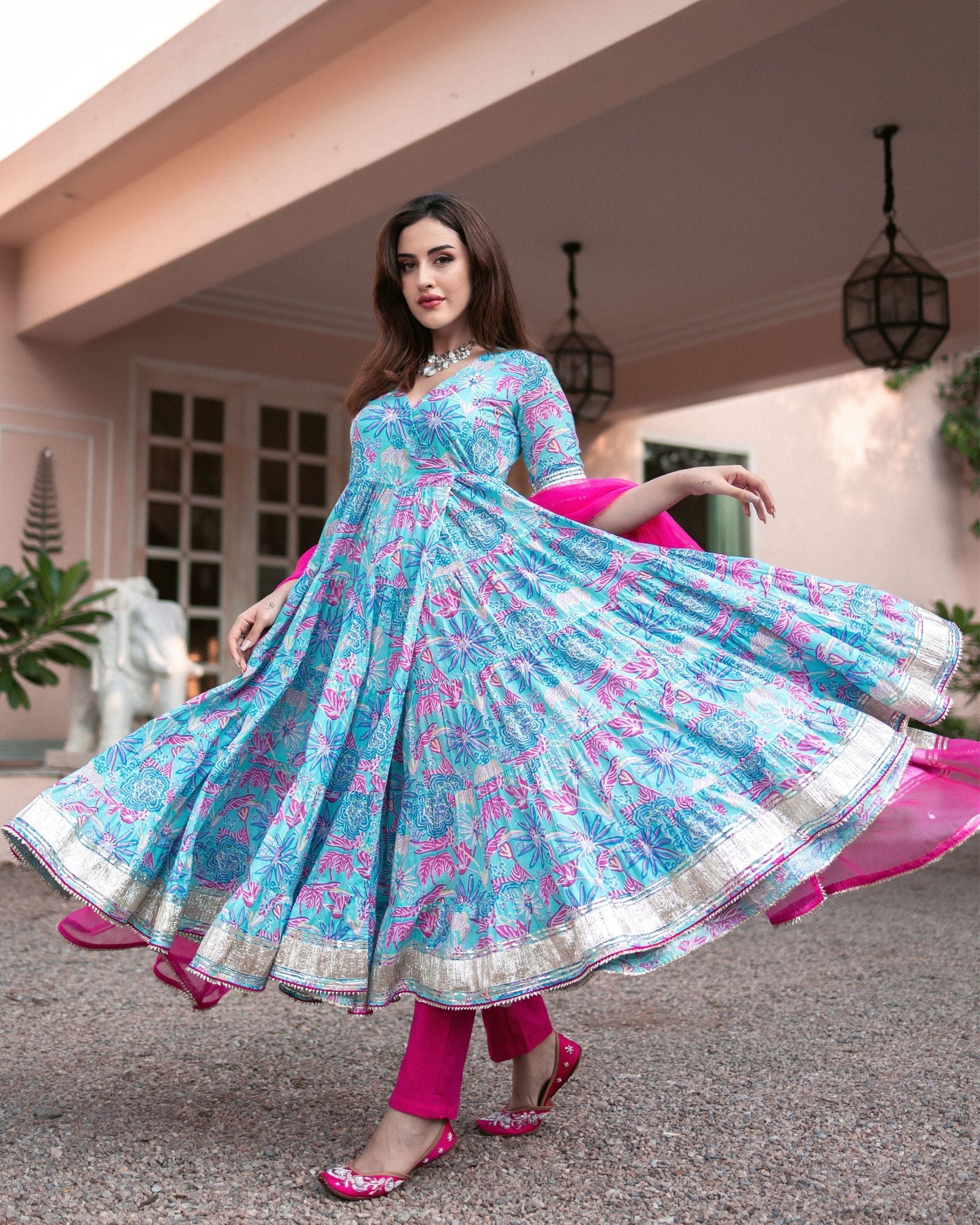 Blue Cotton Angrakha Suit Set with Gota Work and Organza Dupatta - Image 4