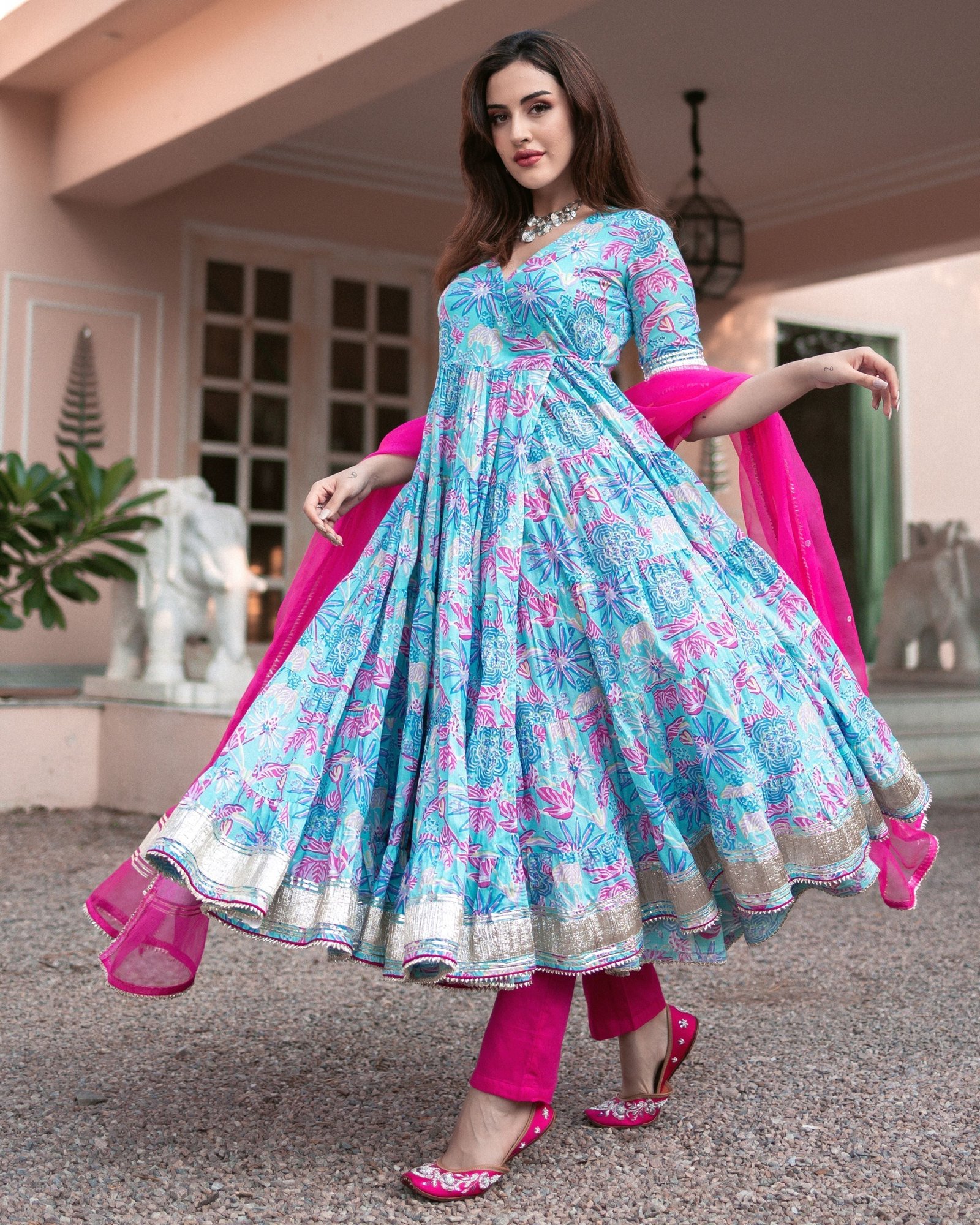 Blue Cotton Angrakha Suit Set with Gota Work and Organza Dupatta