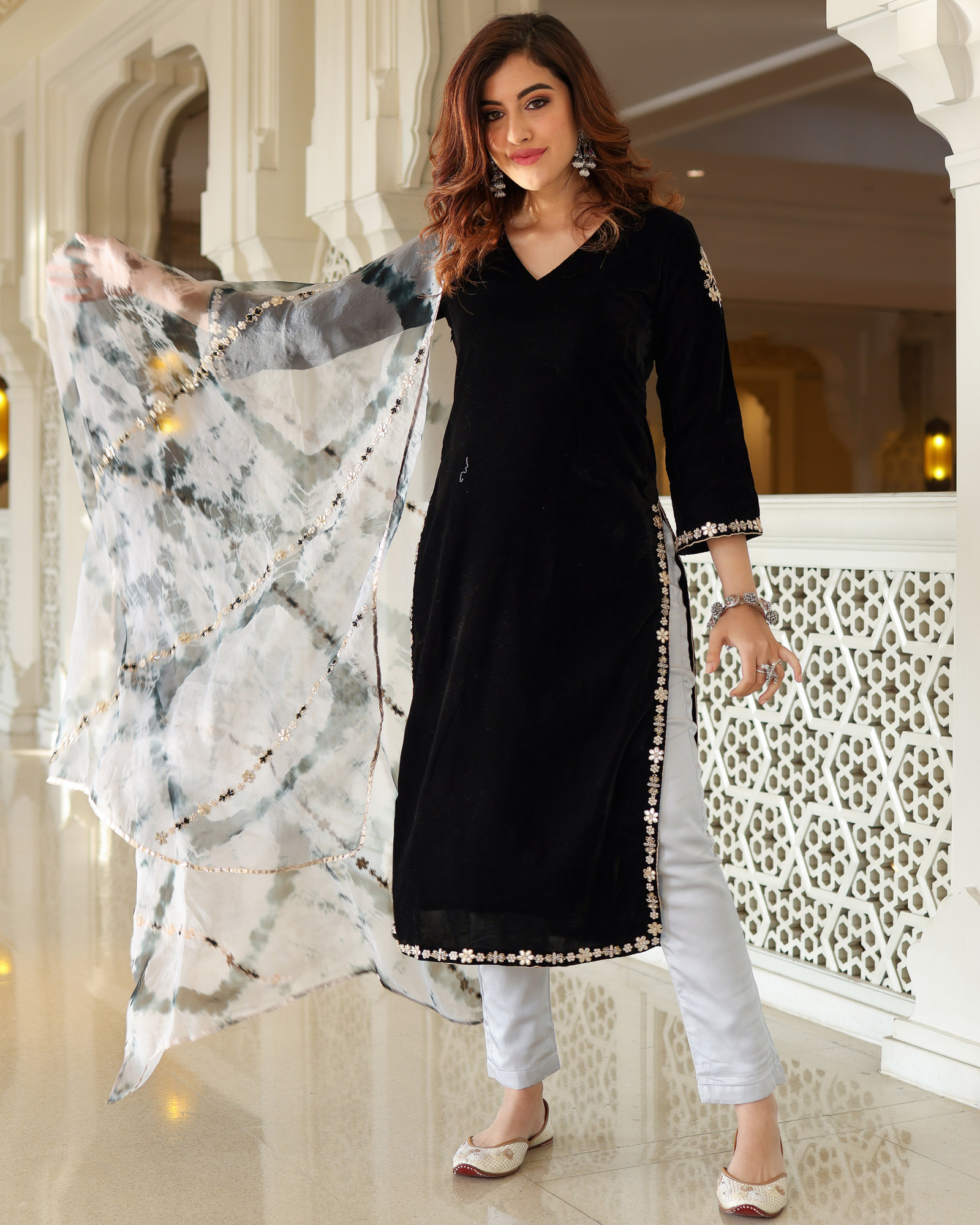 Bold Black Velvet Handcrafted Suit Set - Image 2